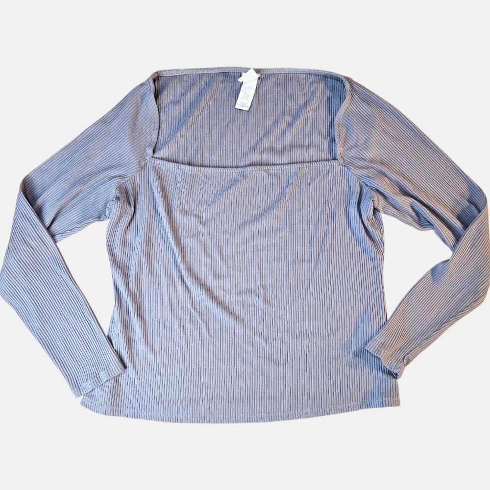 ✨ H&M Ribbed Square Neck Tibbed Square Neck Top Grey Long Sleeve Size XL ✨